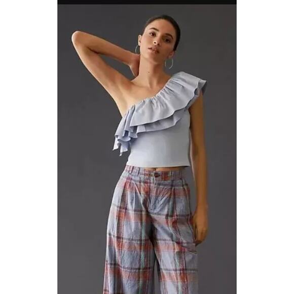 NEW Anthropologie Sunday Brooklyn Ruffled One-Shoulder Crop Top Small Sky Blue - Picture 5 of 9